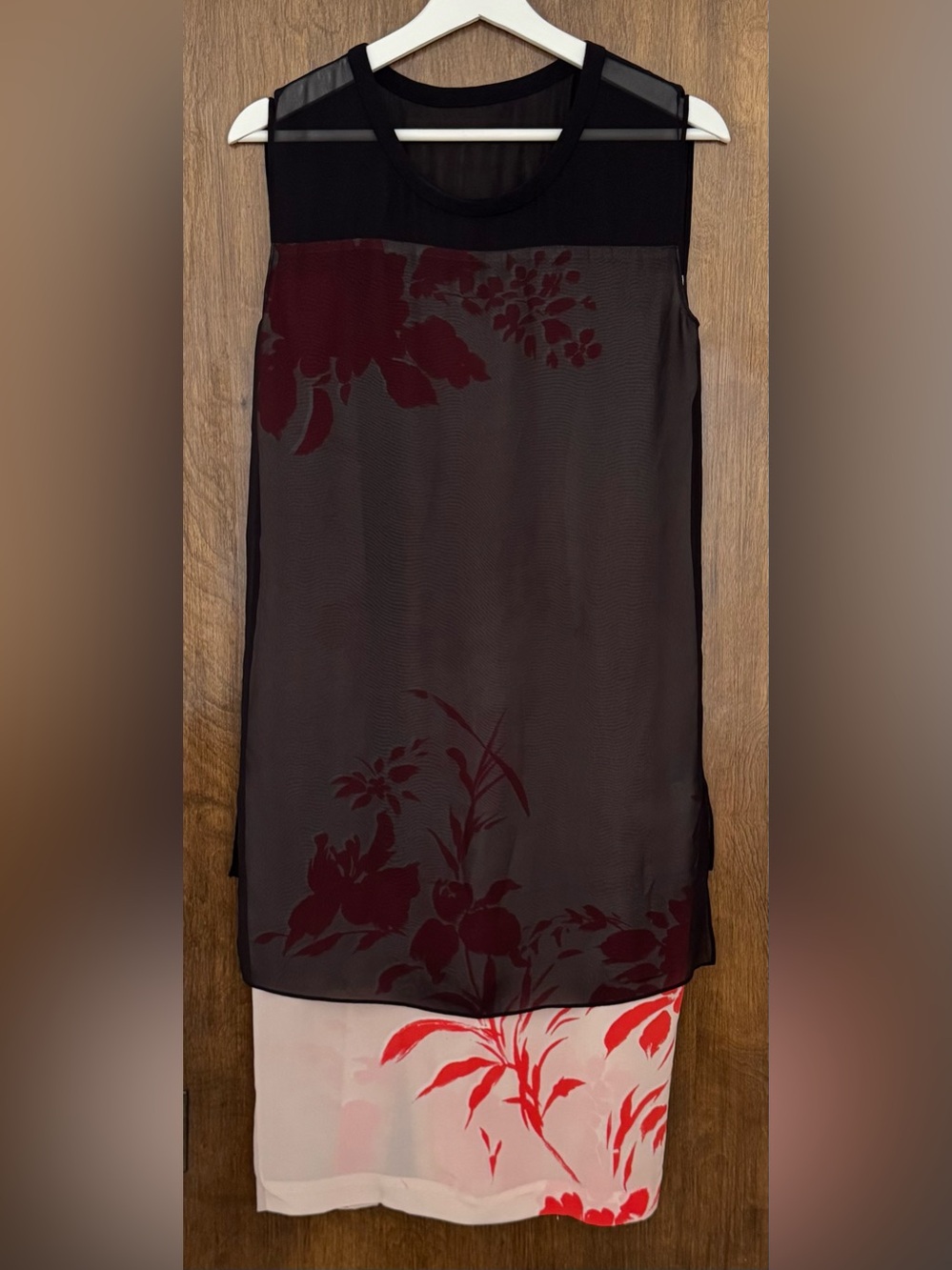AllSaints Black Sheer Overlay 100% silk dress with Burgundy Floral and Ivory, 2